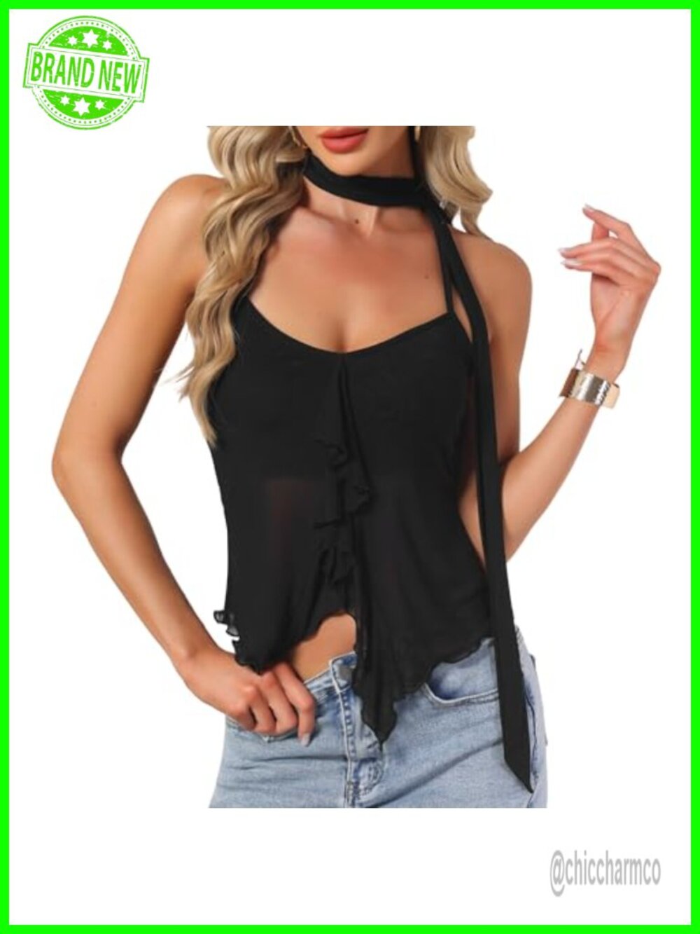 Halter Mesh Tank Top Sleeveless Backless Ruffle Y2K Party Club Top
